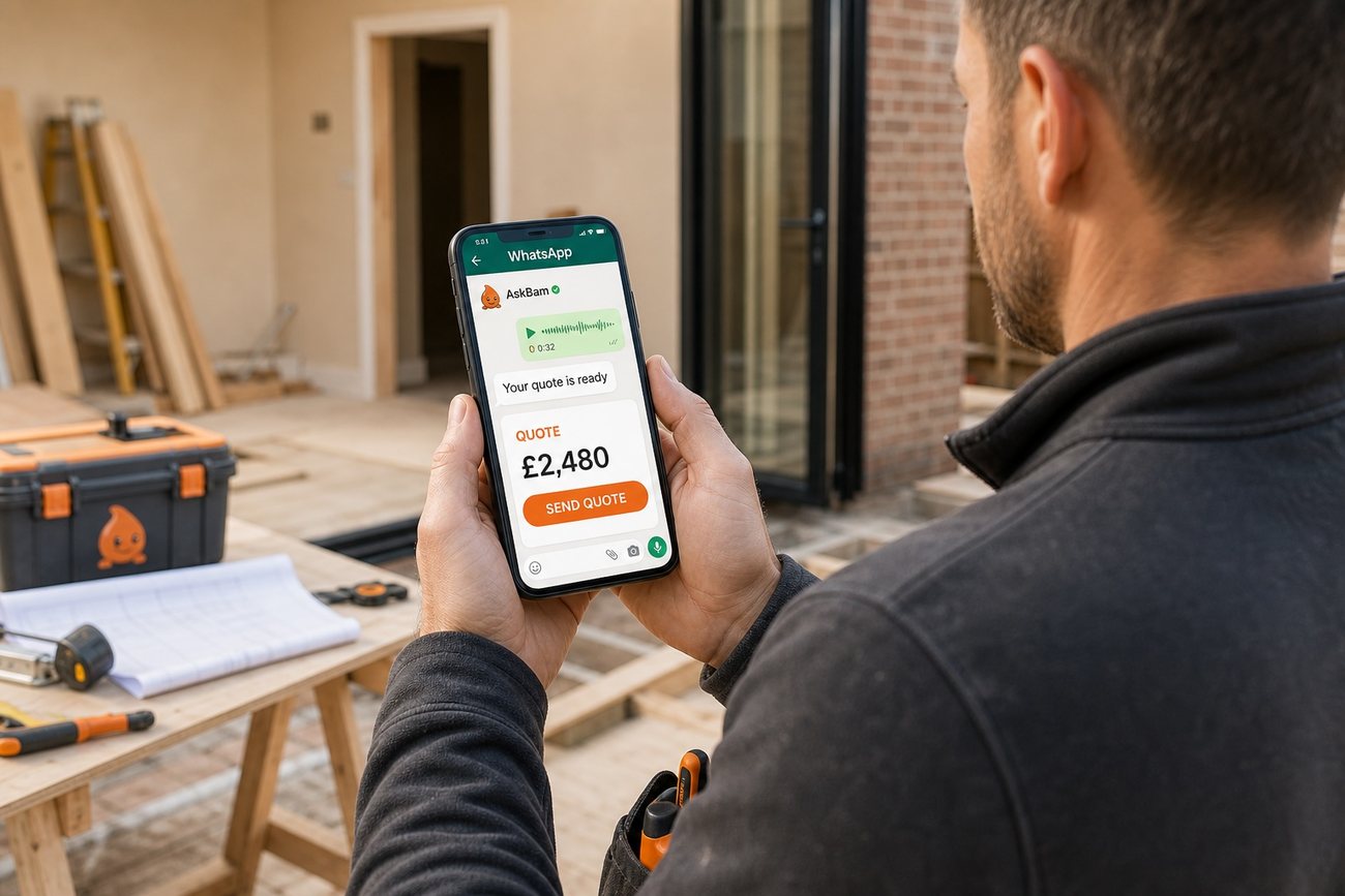 A tradesperson on a build site holding a phone showing an AskBam quote for £2,480 ready to send in WhatsApp